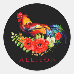 Rooster met Poppies Black Red op maat Ronde Sticker