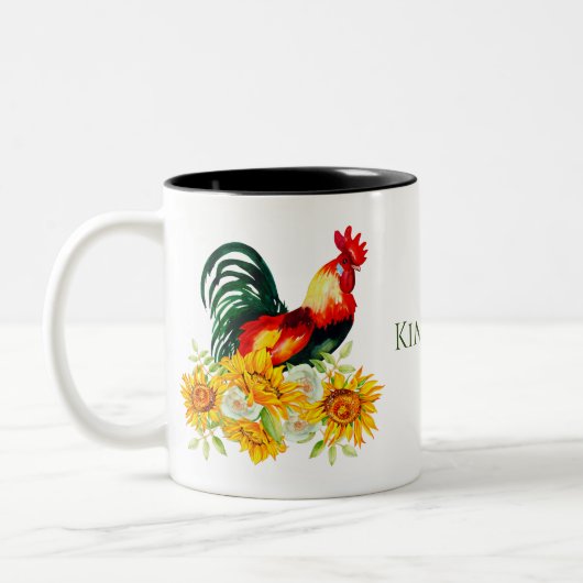 Rooster met zonnebloemen Aangepaste Waterverf Tw Tweekleurige Koffiemok (Links)