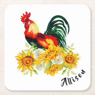 Rooster met zonnebloemen, gepersonaliseerd vierkan vierkante kartonnen onderzetter