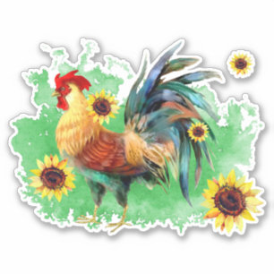 Rooster met zonnebloemen, op maat gesneden vinylSt Sticker