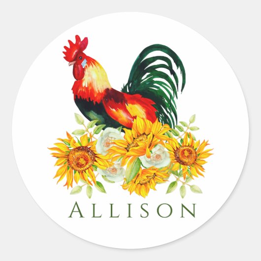 Rooster met zonnebloemen op maat ronde sticker (Voorkant)