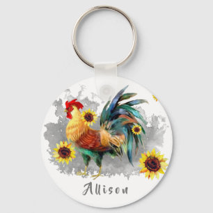 Rooster met zonnebloemen op maat sleutelhanger
