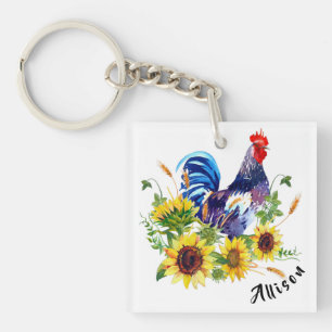 Rooster met zonnebloemen op maat sleutelhanger