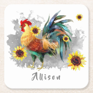 Rooster met zonnebloemen op maat vierkante kartonnen onderzetter