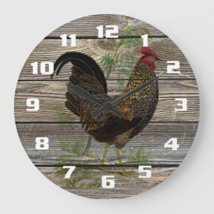 rooster op oude houten planken keuken grote klok