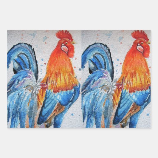 Rooster Red Chicken Cochle Bird Waterverf Art Inpakpapier Vel (Voorkant)