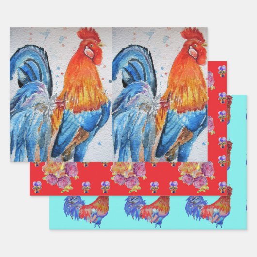 Rooster Red Chicken Cochle Bird Waterverf Art Inpakpapier Vel (Set)