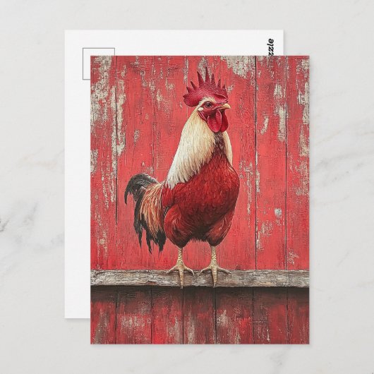 Rooster Red Wood Barn Wall Briefkaart (Voorkant / Achterkant)