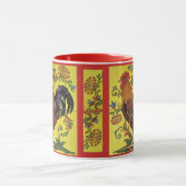 Rooster Rouge Poulet Folk Art Mug Jaune Floral (Centre)