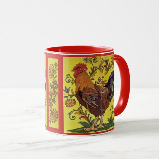 Rooster Rouge Poulet Folk Art Mug Jaune Floral (Devant droit)