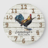 Rooster Rustic Wood Chicken Wire Monogram Grote Klok (Voorkant)