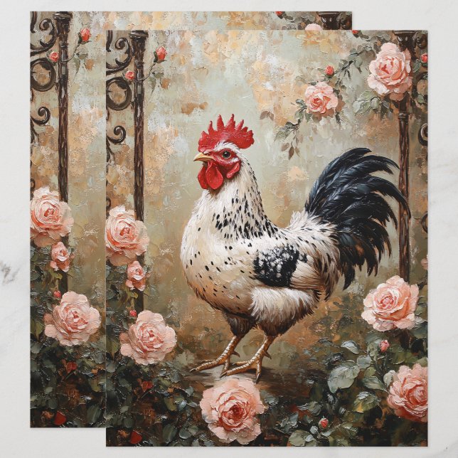 Rooster Spectré Parmi Roses Rose Papier à resservi (Devant / Derrière)