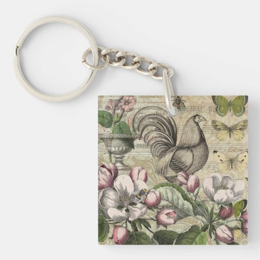 Rooster Tuin Bloem Vlinder Kunst Sleutelhanger (Voorkant)