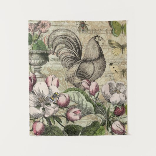 Rooster Tuin Bloem Vlinder Kunst Wandkleed (Voorkant)