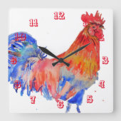 Rooster Waterverf Chicken Childrens Room Clock Vierkante Klok (Voorkant)