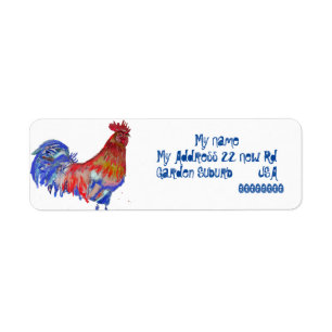 Rooster Waterverf Chicken Cochlepel Blue Bird Etiket