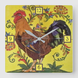 Rooster Yellow Chicken Folk Tegel Clock Floral Vierkante Klok