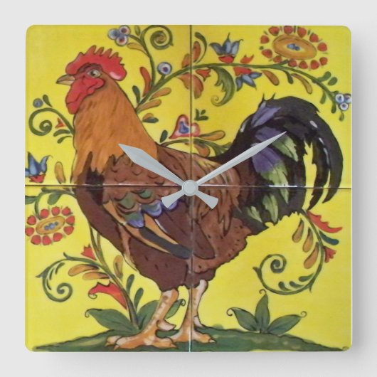 Rooster Yellow Chicken Folk Tegel Clock Floral Vierkante Klok (Voorkant)