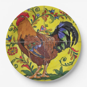 Rooster Yellow Floral Tile Folk Art Land Papieren Bordje