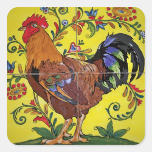 Rooster Yellow Floral Tile Folk Art Land Vierkante Sticker