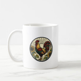 Rooster Zonnebloem Houtsnede Kunst Ronde Mok