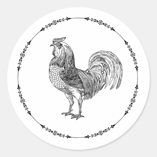 Rooster zwart-wit ronde sticker (Voorkant)