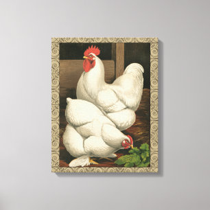Roosters en Engels buiten Hen House met witte rand Canvas Afdruk