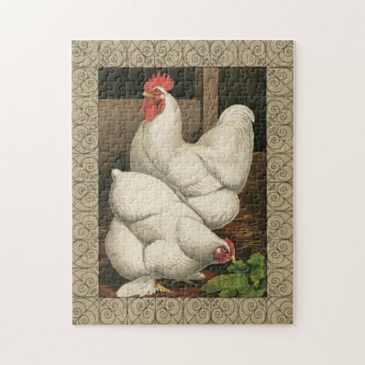 Roosters en Engels buiten Hen House met witte rand Legpuzzel (Verticaal)