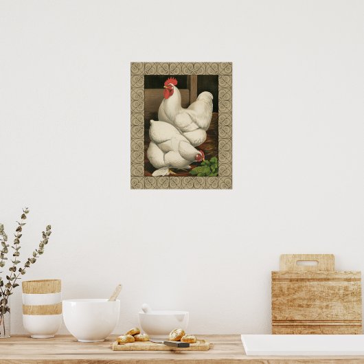 Roosters en Engels buiten Hen House met witte rand Poster (Keuken)