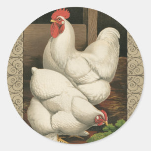 Roosters en Engels buiten Hen House met witte rand Ronde Sticker