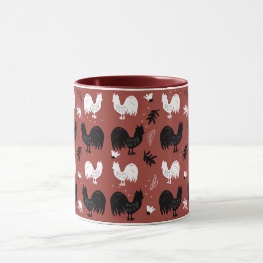 Roosters Hand Drawn Floral Boerderij Pattern Mok (Midden)