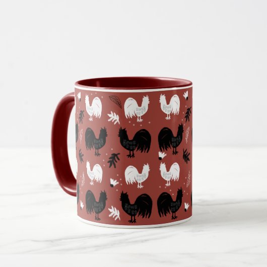 Roosters Hand Drawn Floral Boerderij Pattern Mok (Voorkant links)