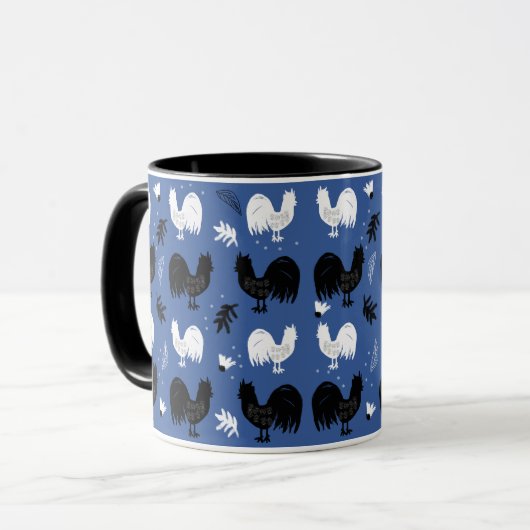 Roosters Hand Drawn Floral Boerderij Pattern Mok (Voorkant links)