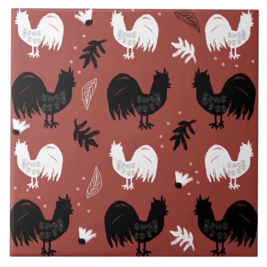 Roosters Hand Drawn Floral Boerderij Pattern Tegeltje (Voorkant)