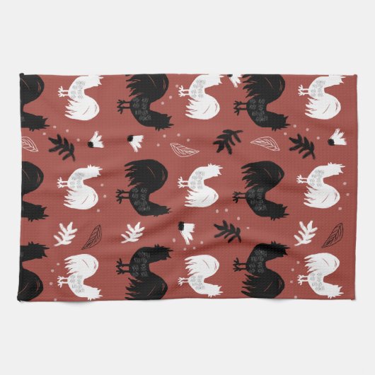 Roosters Hand Drawn Floral Boerderij Pattern Theedoek (Horizontaal)