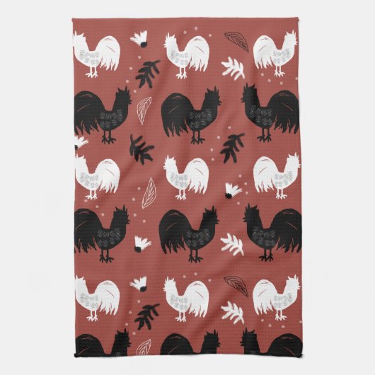 Roosters Hand Drawn Floral Boerderij Pattern Theedoek (Verticaal)