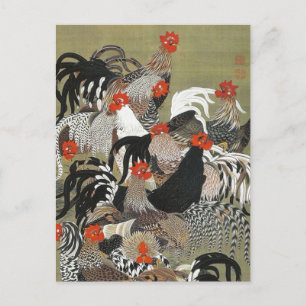 Roosters Hen Illustratie door Ito Jakuchu Briefkaart