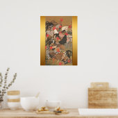 Roosters Japans schilderen met Golden Background Poster (Keuken)
