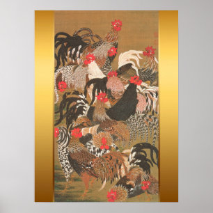 Roosters Japans schilderen met Golden Background Poster