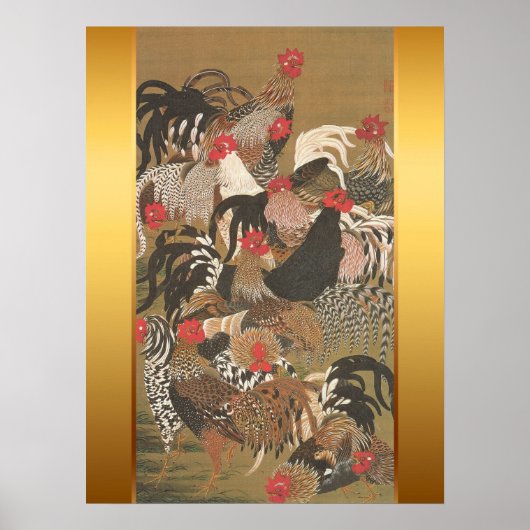 Roosters Japans schilderen met Golden Background Poster (Voorkant)