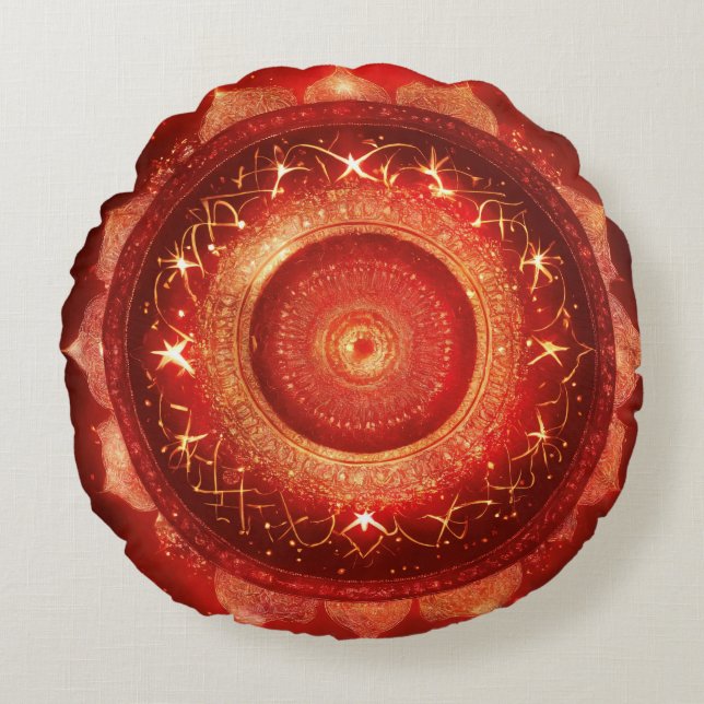 Root Chakra Red Mandala Meditatie Rond Kussen (Voorkant)