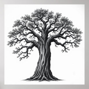 Roots of Serenity: Tree of Life Charcoal Zen Art Poster