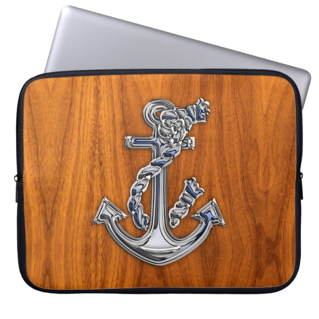 Rope Anchor op Teak Veneer decor Laptop Sleeve (Voorkant)