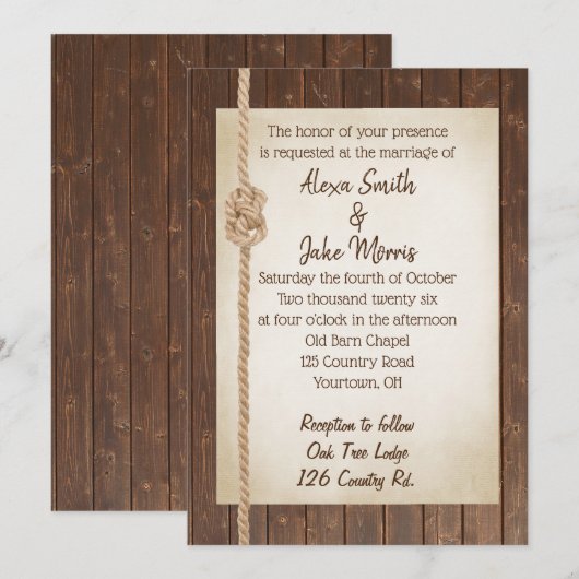 Rope Knot On Wood Wedding Invitation (Devant / Derrière)