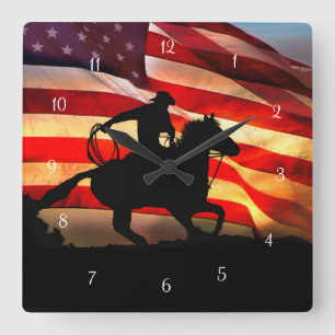 Roping Cowboy and Horse American Flag Vierkante Klok