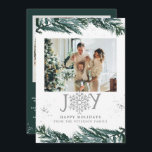 RORY Winter Pine Joy Photo Collage Carte de Noël<br><div class="desc">Cette Carte de Noël Joy présente un pin d'hiver vert profond avec éclaboussures argentées et un flocon de neige en parties scintillant argent et 4 emplacements photo. Cette carte de vacances rustique moderne se marie parfaitement avec cette enveloppe verte de forêt : https://bit.ly/3Hdzn4x</div>