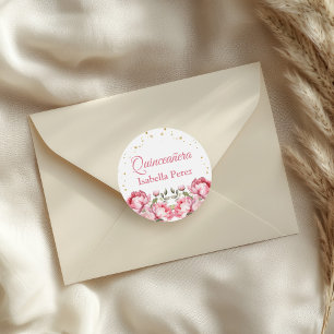 Rosa bloem en gouden glitter Quinceanera Ronde Sticker