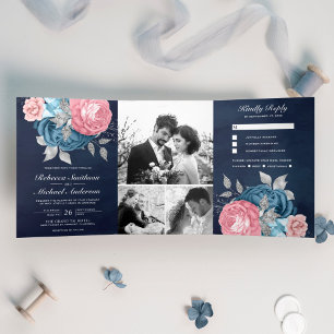 Rosa Blush Rozen Stof Blauw Bloemig Marine Trouw Drieluik Uitnodiging