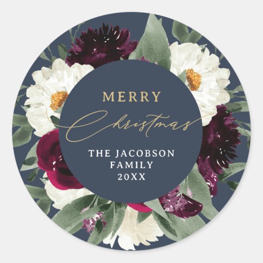 ROSA Boho Burgundy Floral Navy Merry Kerstmis Ronde Sticker (Voorkant)
