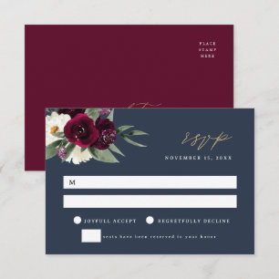 ROSA Elegant Navy & Burgundy Wedding RSVP Card Kaart